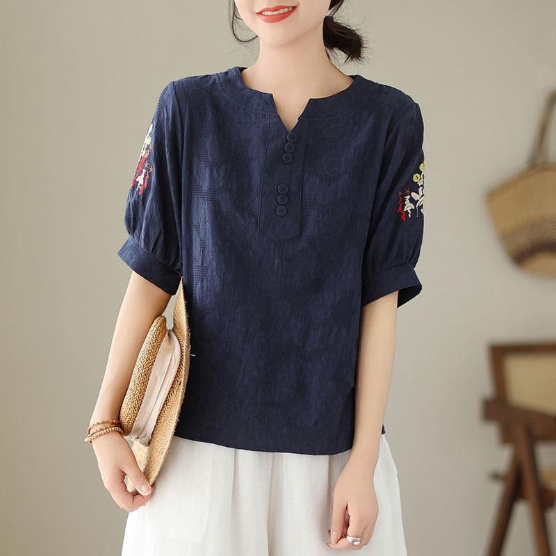 Summer Cotton Linen Jacquard Embroidered T-shirt Artistic Retro Casual Versatile Top for Women Blouses & Shirts