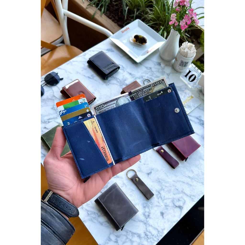 Унисекс черный кошелек из натуральной кожи с механизмом - (Специально для имени) - (Подарок на брелок из натуральной кожи)