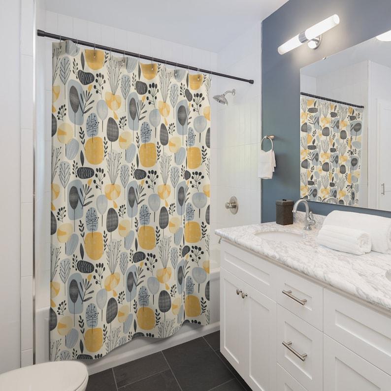 Scandinavian Abstract Botanical Shower Curtain – Mustard Yellow & Gray Modern Bathroom Decor, Designer Home Aesthetic