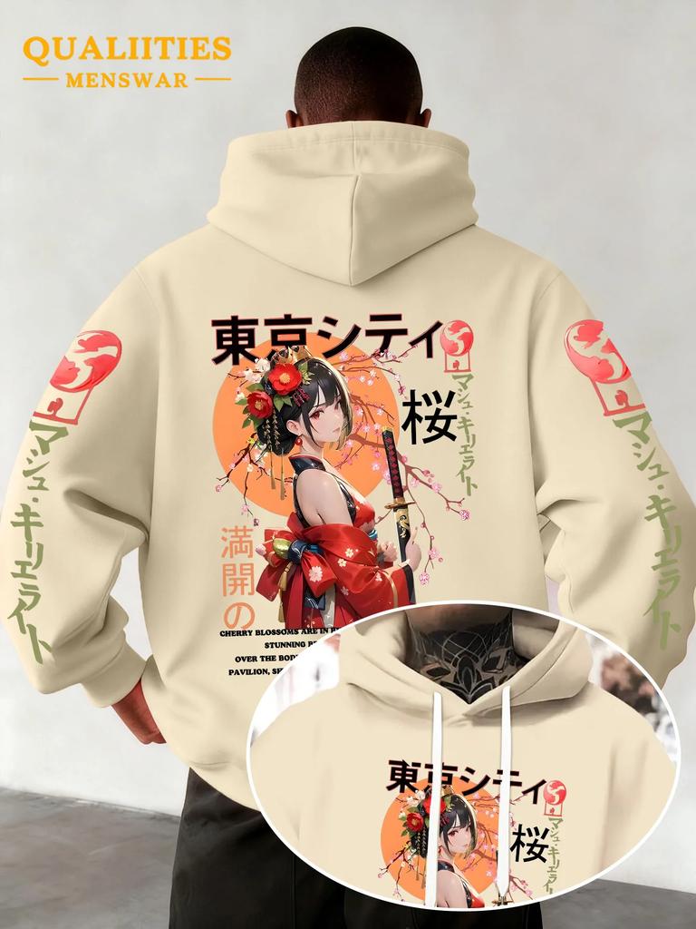 Men Hoodie Oversized Loose Fit Tokyo Anime Samurai Girl Sakura Japanese Retro Graphic Streetwear Hip‑hop Fleece Sweatshirt