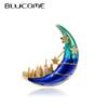 Traditional Craft Enamel Shiny Blue Moon with Starry Castle Shape Brooches for Women Kids Suit Dress Hijab Pins
