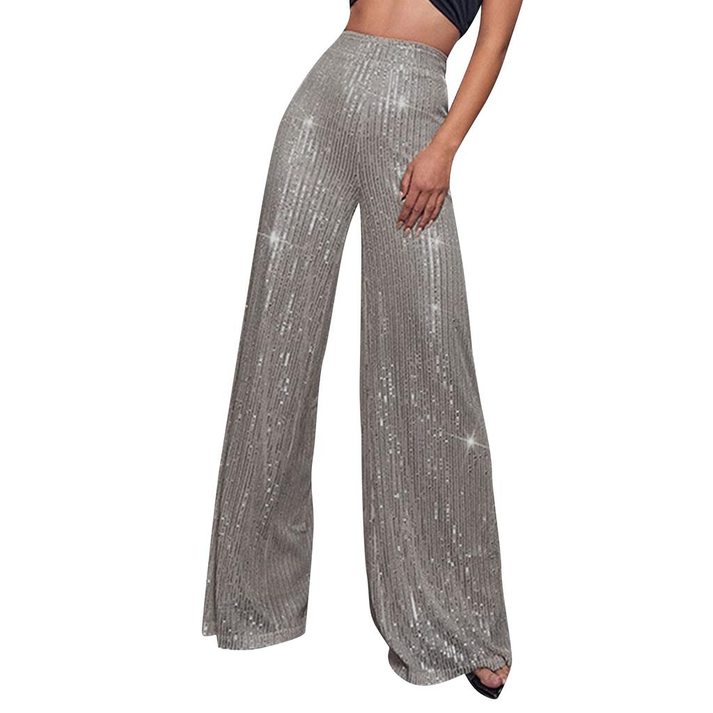 Women's Fashion Solid Color High Waist Sequin Side Zipper Draped Wide Leg Pants