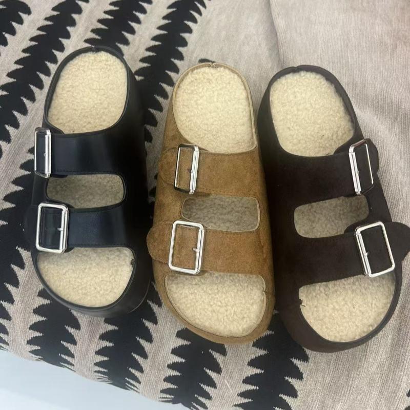 Women Fur Slippers Flats Platform Suede Shoes Casual New 2025 Trend Winter Shoes Walking Cozy Open Toe Woman Flip Flops