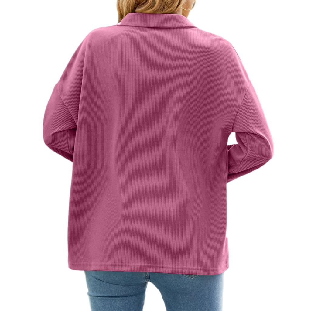 Женская Мода Повседневный Универсальный Лацкан Свободный Пуловер с Длинным Рукавом Однотонная Толстовка с Длинным Рукавом для Женщин