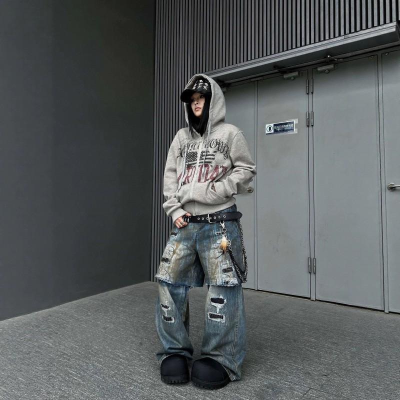 Womens Vintage American Flag Print Zip Up Hoodie Loose Fit Streetwear Sweatshirt