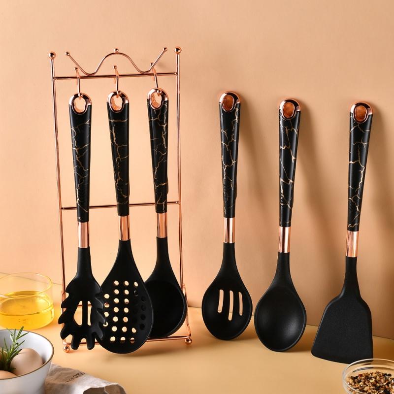 7 PCS Silicone Cooking Kitchen Utensil Set Wooden Handle Kitchen Baking Tools Kitchenware Accessories Storage Bucket