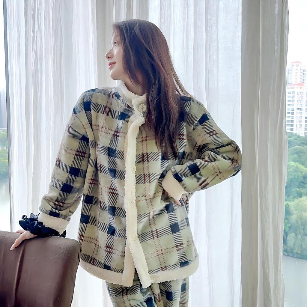 Женский пижамный комплект из кораллового флиса большого размера - Плюшевый, Утепленный, Теплый из овечьей шерсти для осени/зимы; Носимый на открытом воздухе