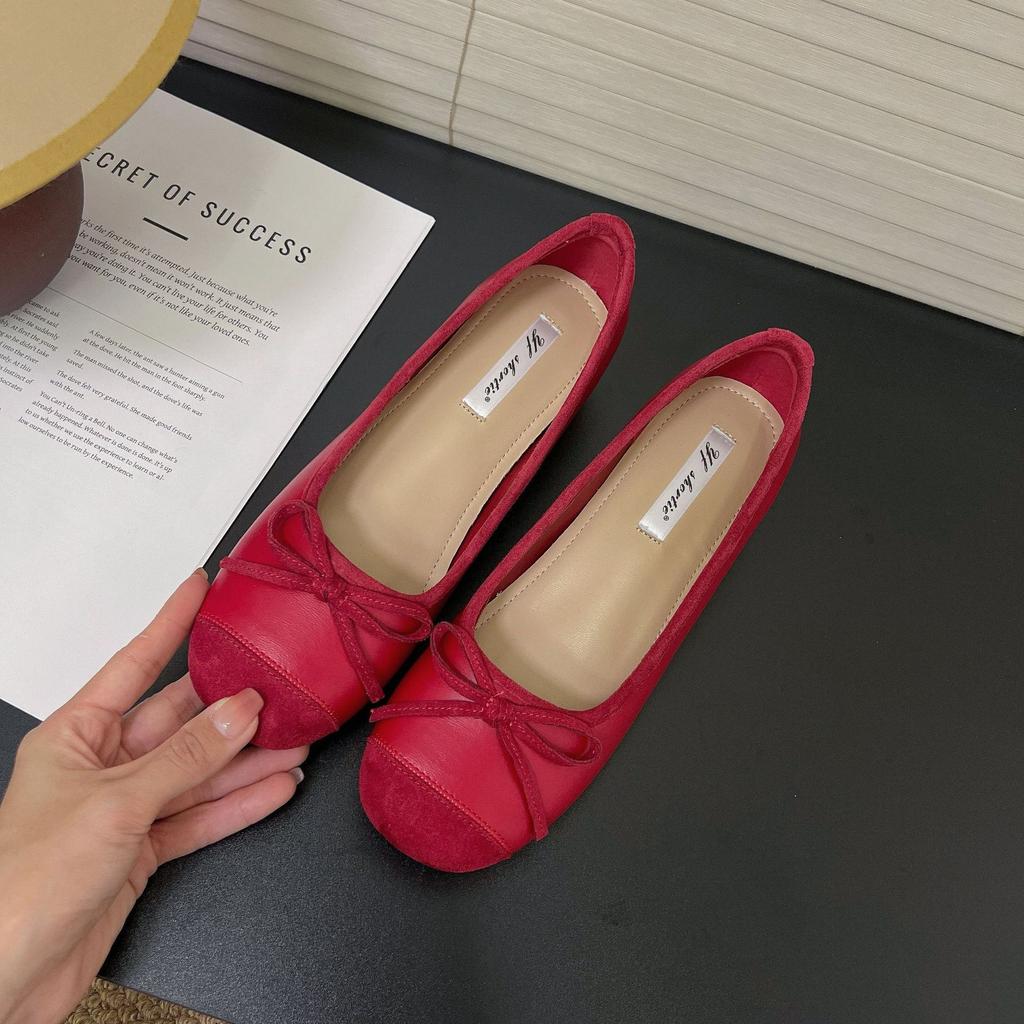 Sheepskin version~ Genuine leather spring new inner height increase ballet shoes women's gentle bow shallow mouth single shoes Doudou shoes