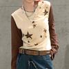 Harajuku Style Reverse Car Collar Contrasting Color Sparkling Star Print T-shirt with Personalized and Versatile Micro Flare Long Sleeved Top