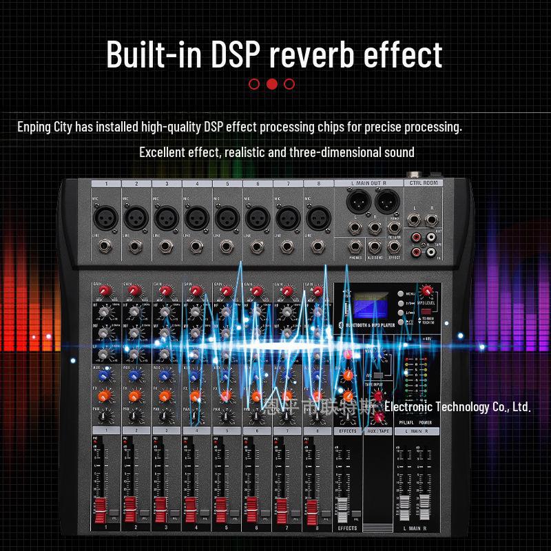 CT8 Профессиональный 8-канальный DJ-микшерный пульт с USB, Bluetooth и мониторингом для выступлений на сцене, в группе и на конференциях.