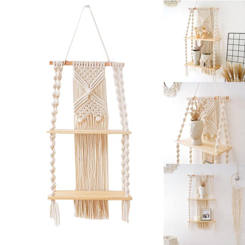 Настенный гобелен ручной работы в богемном стиле, деревянная полка, корзина для цветов, двухъярусная вешалка, настенные полки в технике макраме