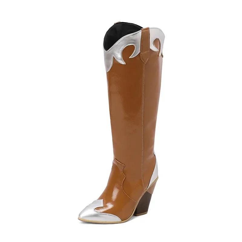 Зимние западные ботфорты до колена женские клиновидные каблуки коричневые фиолетовые черные пэчворк ретро платье острый носок молния ковбойские длинные сапоги