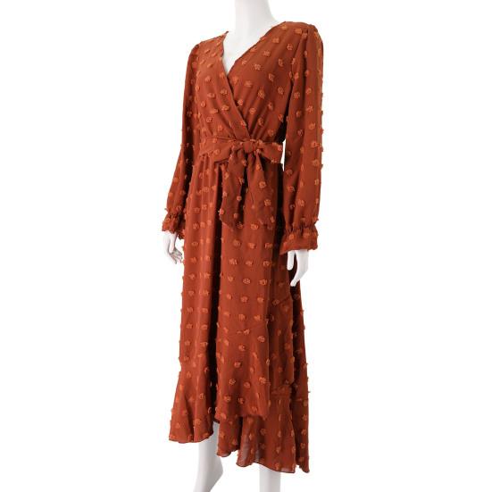 Women Spring Fall Dress Dot Applique Solid Color V Neck Belted Tight High Waist A-line Irregular Ruffle Hem Bohemian Flowy Wedding Party Maxi Dress