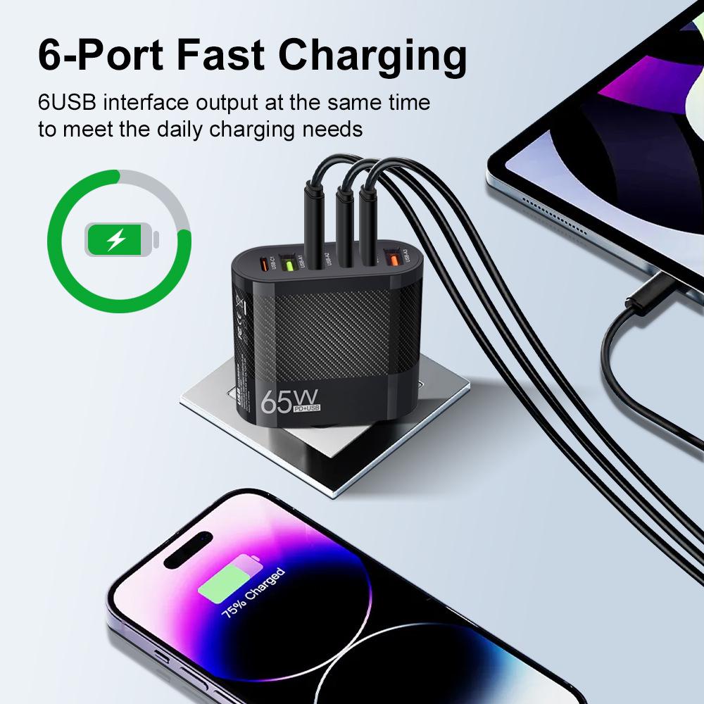 Многопортовое зарядное устройство 3,5 А с 3 портами Type-C и 3 портами USB, совместимое с вилками EU, US, UK