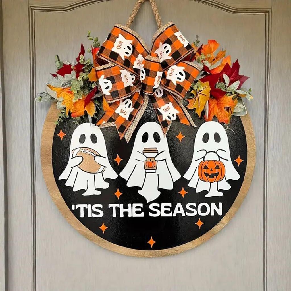 Unique Wood Fabric Crafted Halloween Ghost Wall Hanging Featuring Realistic Maple Leaves For Home Holiday Seasonal Decorations