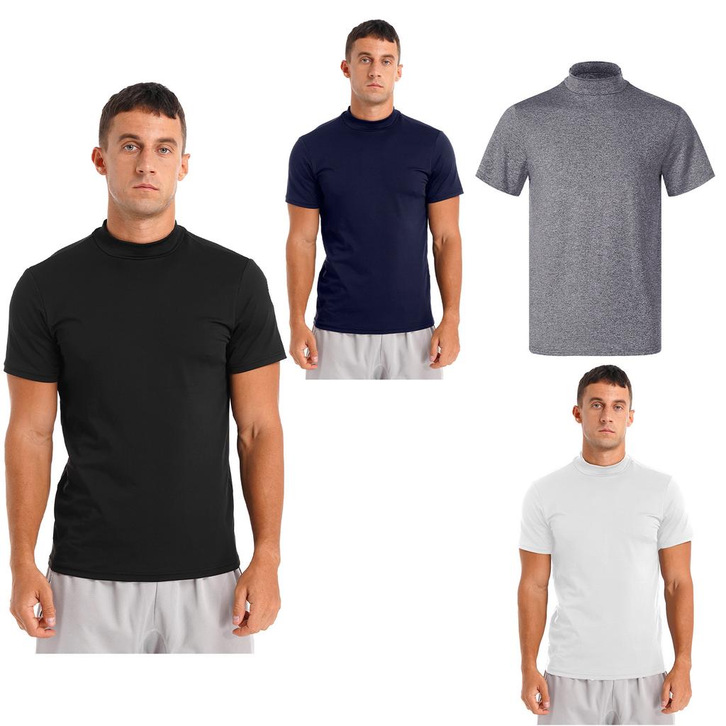 Mens Mock Neck Short Sleeve T Shirt Casual Solid Color Slim Fit Tee Top Undershirt Basic Wear