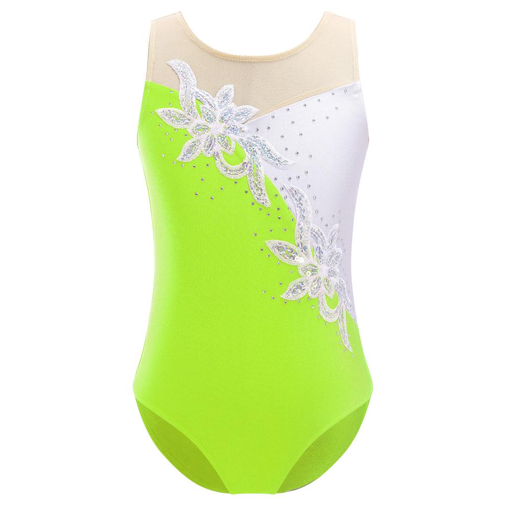 Girls Shiny Sequins Leotard Sleeveless Mesh Patchwork Ballet Dance Gymnastic Skating Jumpsuit