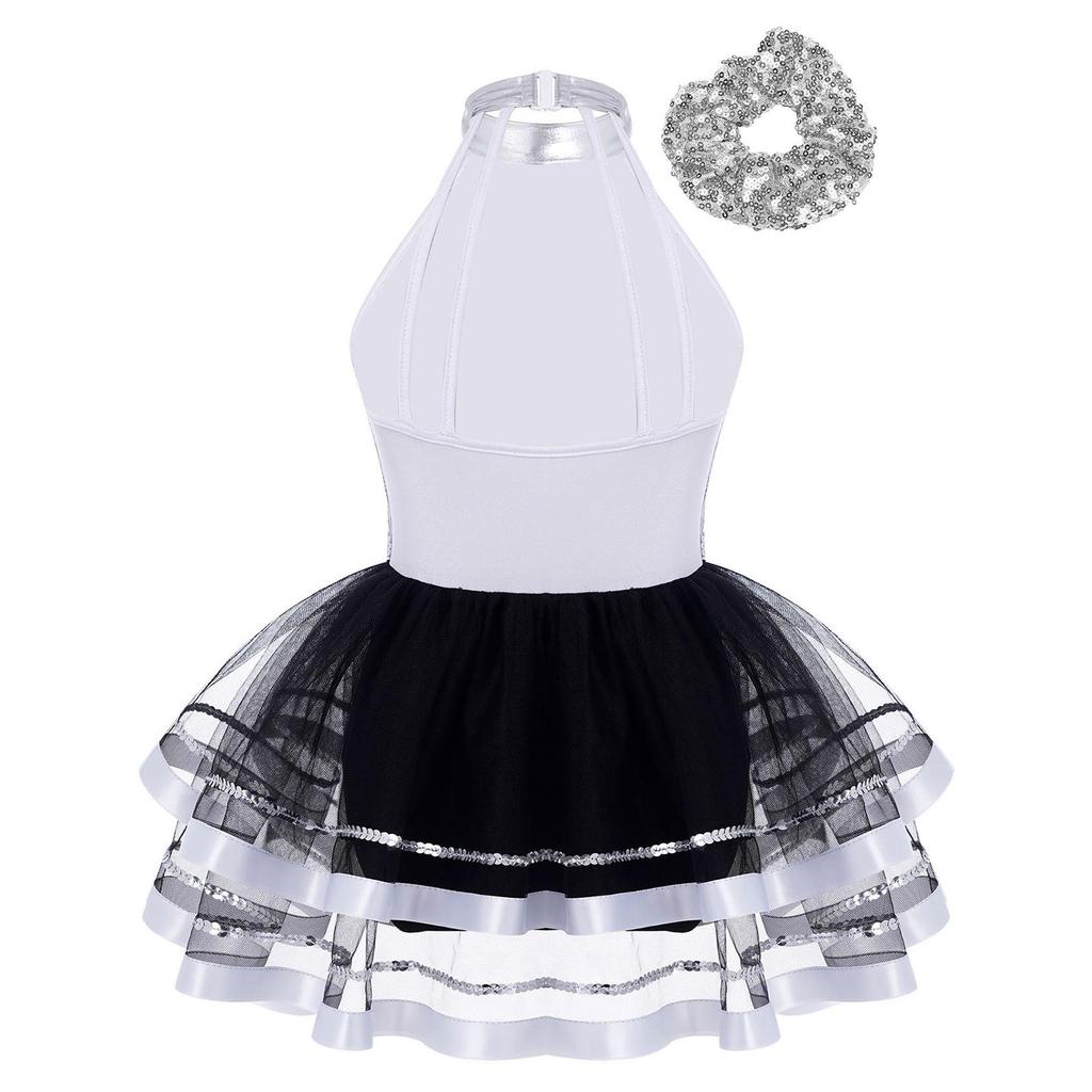 Костюм для танцев для девочек, топ-халтер без рукавов с открытой спиной, платье-пачка, украшенное блестящими пайетками, комплект с головным убором