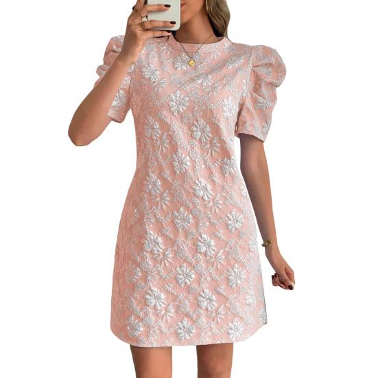 Женское фактурное жаккардовое платье с круглым вырезом и короткими рукавами-фонариками, платье А-силуэта, летние мини-платья с цветочным принтом, короткое вечернее платье