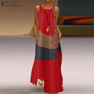 Винтажное лоскутное длинное платье ретро без рукавов с круглым вырезом женские платья