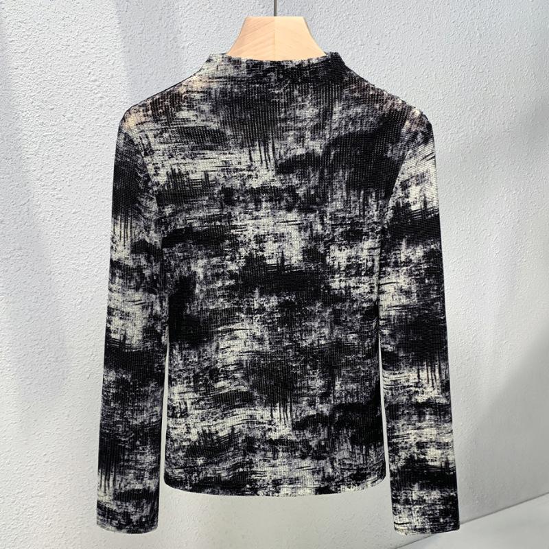 Half-high Neck Long Sleeve Mesh Base Shirt for Women New Autumn Thin T-shirt Age-reducing Fashionable Tie-dye Top
