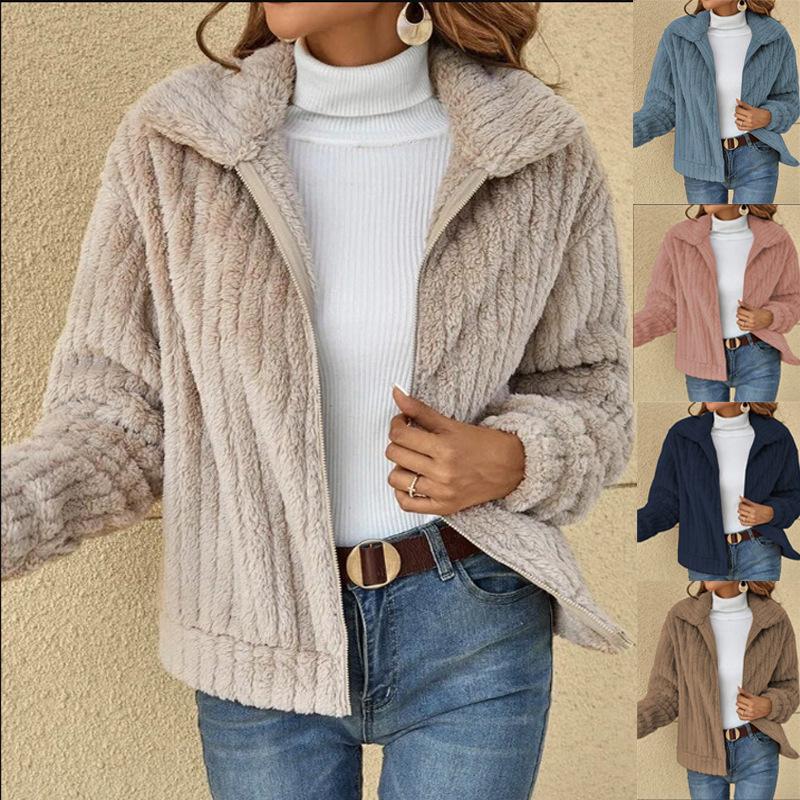Women Fleece Basic Jacket Casual Female Turn Down Collar Teddy Pit Warm Zip Up Short Coats