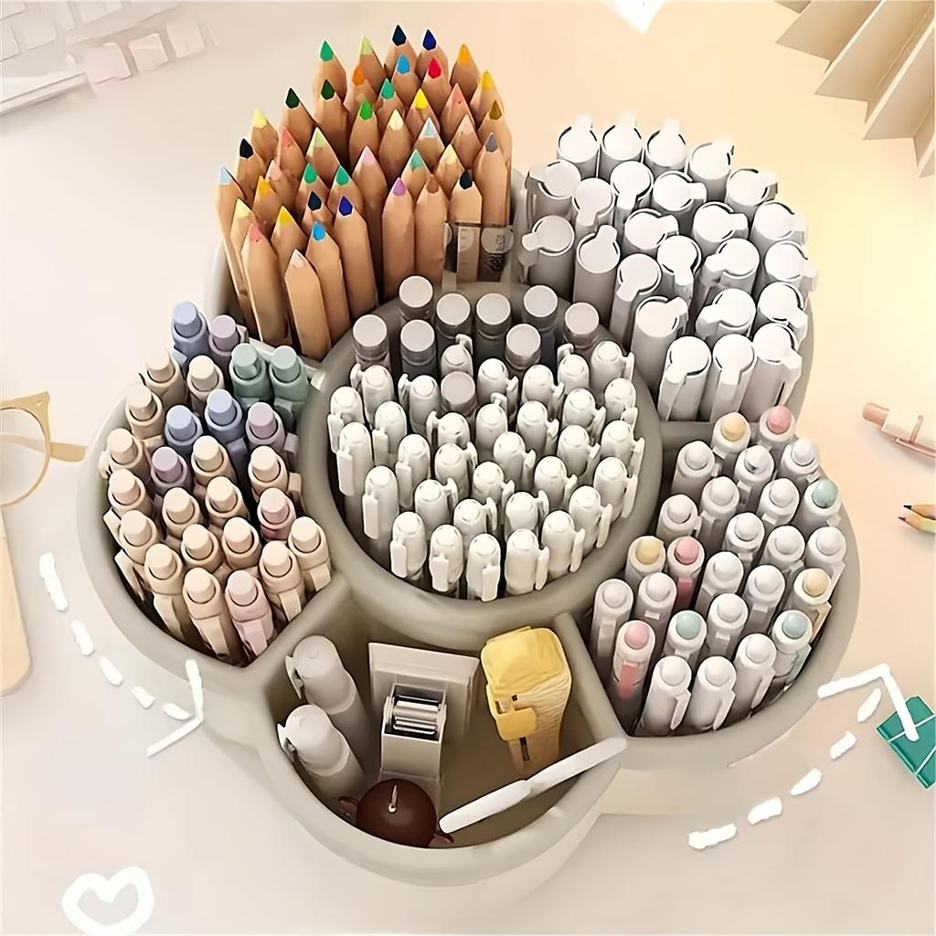 1pc 360-Degree Rotating Desktop Organizer with 6 Compartments - Durable Plastic Multi for Pens, Cosmetics & Stationery - Space-Saving Desk Organizer