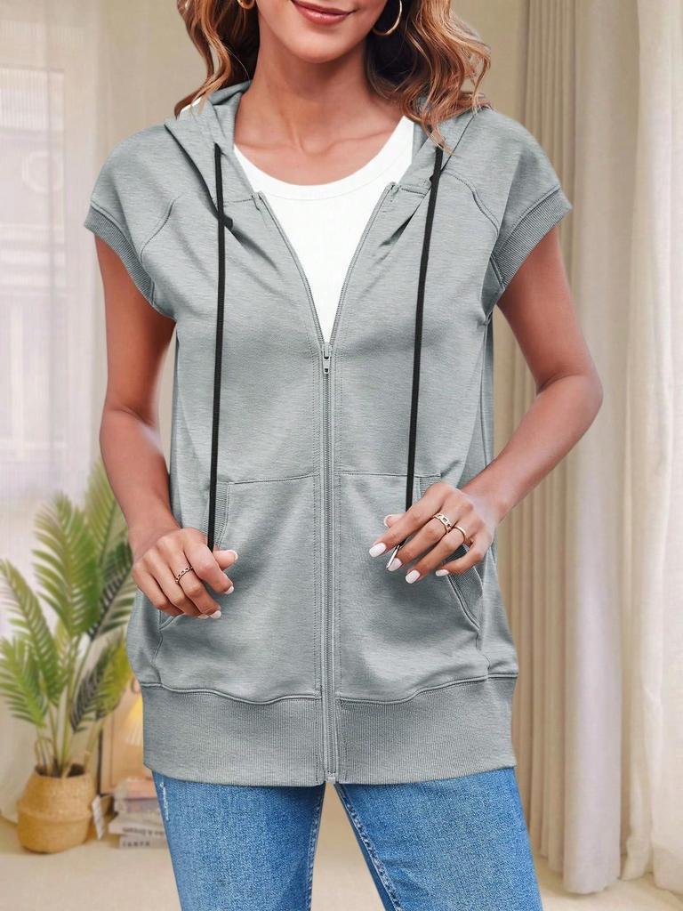 Women's Sleeveless Zip Up Hoodie Vest Loose Drawstring Lightweight Jacket with Pockets
