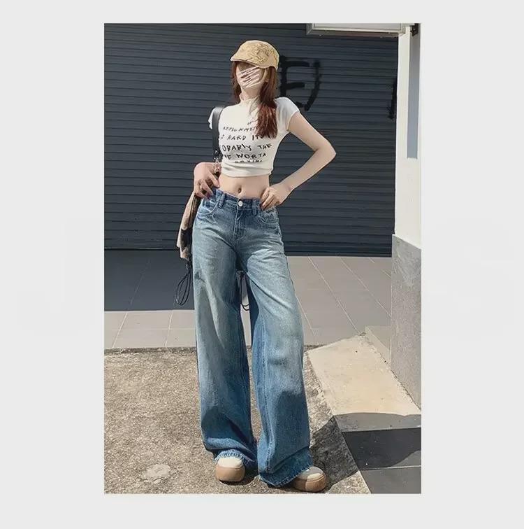 Джинсы широкого покроя с синей отделкой из камня для женщин — в стиле ретро-американской моды, с заниженной талией, свободного кроя, драпированные, с потрескавшимися краями, длиной до пола, на весну