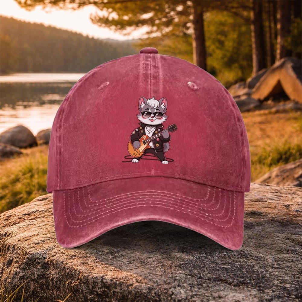 Rock Cat Electric Guitar Print Washed Baseball Cap Unisex Casual Hat for Golf Outdoor Daily Wear