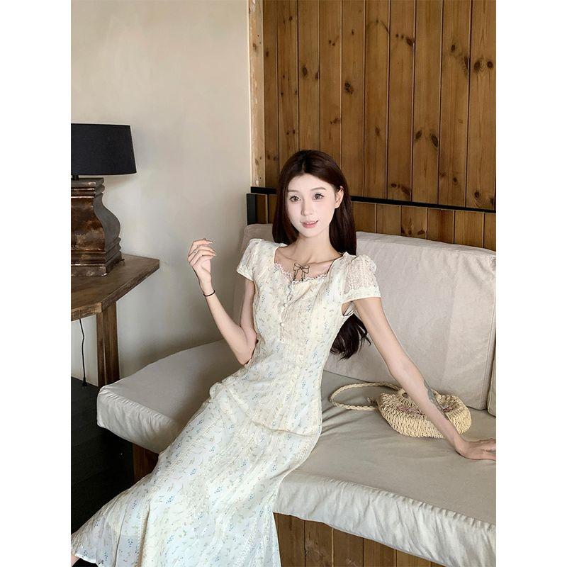Kumikumi Gentle Floral Lace Edge Short Sleeve Dress Women Autumn Chic Age-Reducing Slimming Tight Waist Long Dress