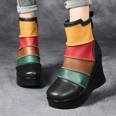 Мода GKTINOO 2025 Новые женские ботинки Натуральная кожа Женская обувь Смешанные цвета Осень Зима Этнические Ручная работа Танкетки Ботильоны Платформа