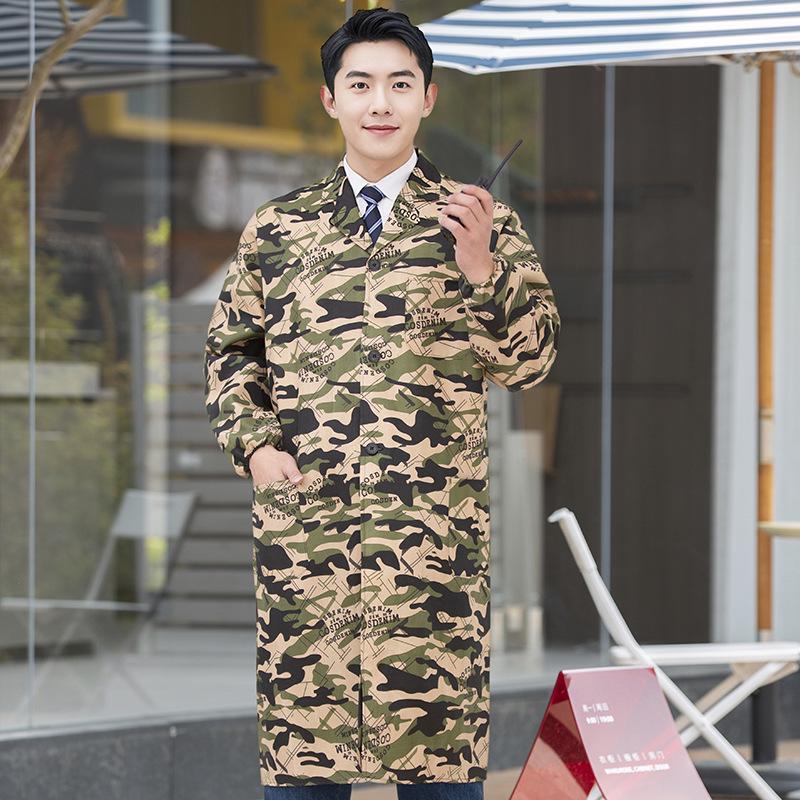 Unisex Long Blue Camouflage Dustproof Workwear Overcoat with Sleeves