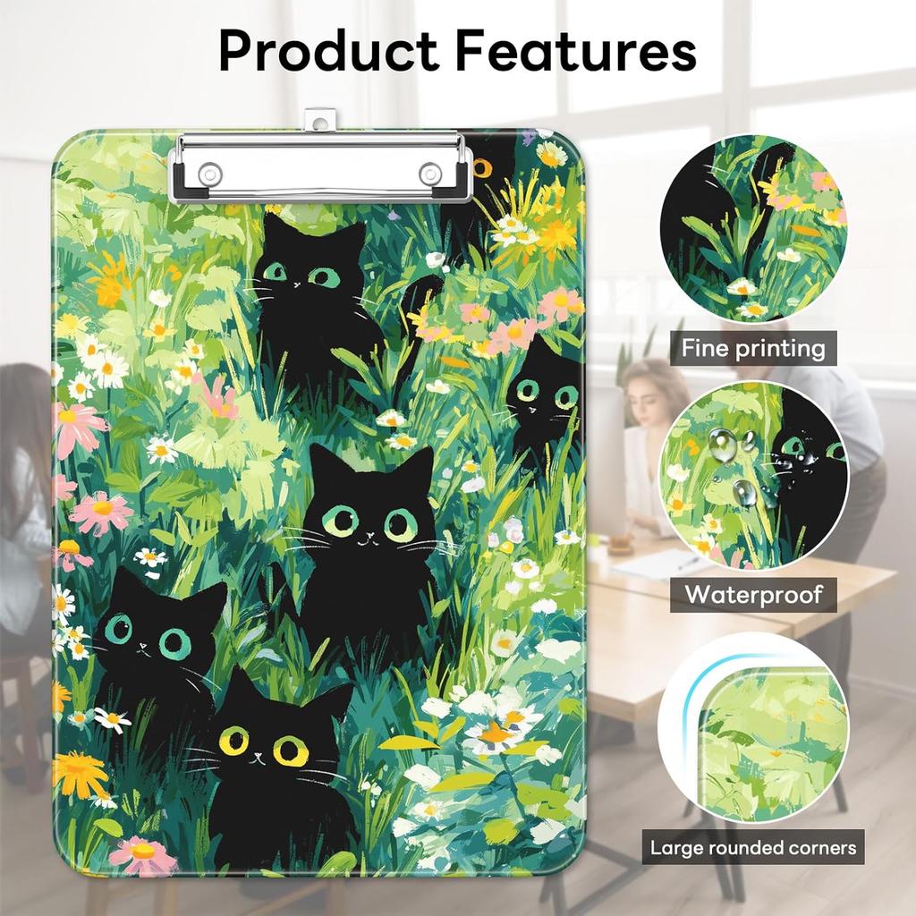 Plastic Cute Clipboard Low-Profile Metal Clip, A4 Letter Size 9 x 12.5 in, 8.5 x 11 Paper Clip Board for Teachers, Nurses, Classroom,Cute Black Cats