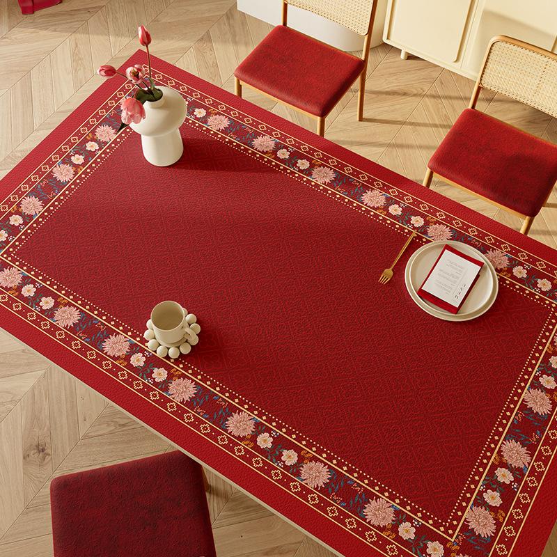 Red Festive Wedding Leather Table Mat Atmosphere Leather Tablecloth Engagement Leave-In Table Mat Rectangular Table Mat