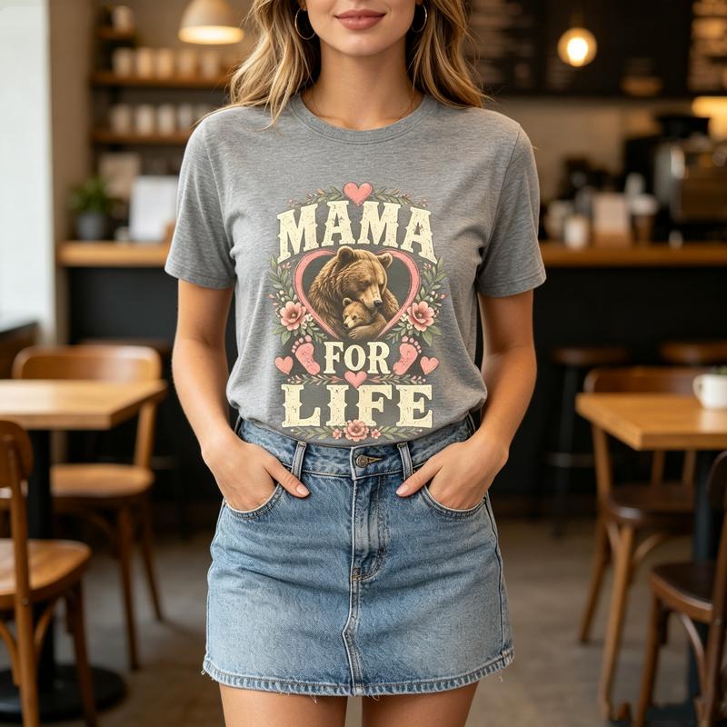 Retro Mama Bear For Life Tshirt Unisex Cute Baby Bear Floral Heart Footprint Print Casual Daily Wear Mother Gift Short Sleeve Tee