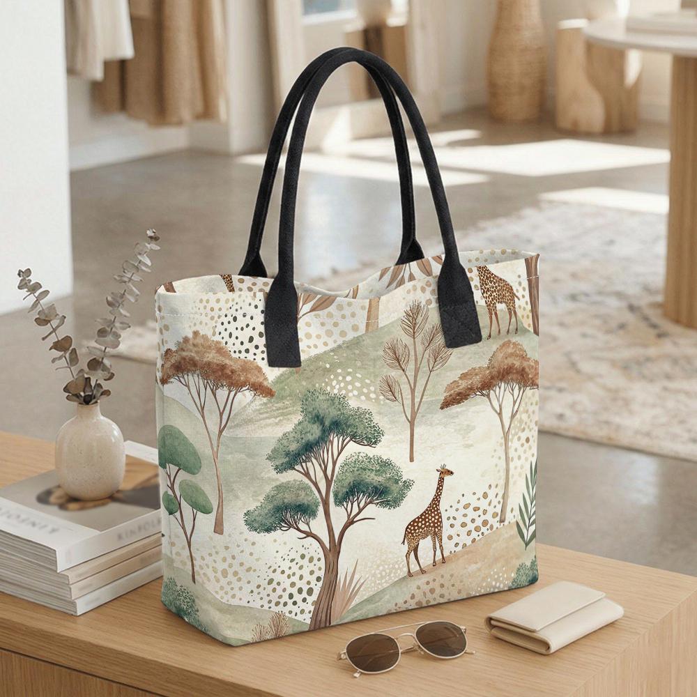 Boho Giraffe Print Canvas Tote Bag Casual Large Capacity Shoulder Handbag for Daily Shopping Travel