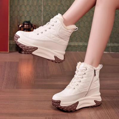 Женская обувь на шнуровке, высокие женские зимние сапоги на платформе, элегантные черные туфли на каблуке со шнурками, противоскользящие, удобные, плюшевые