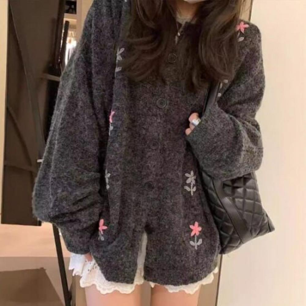 Navava Long Sleeve Knit Cardigan Flower Embroidery Nk2564