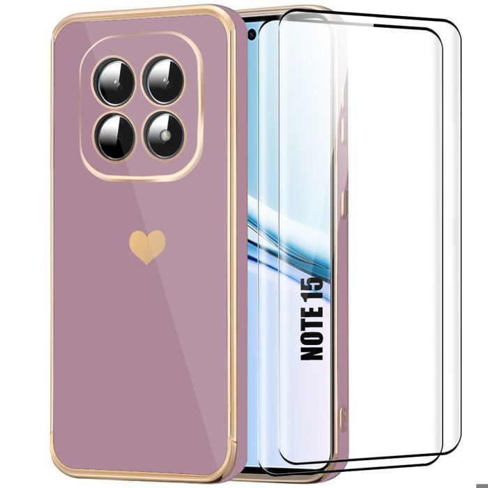 Coque pour Xiaomi Redmi Note 15 5G/4G, Protection Antichoc Motif Cœur - Violet - 2 Verres Trempés