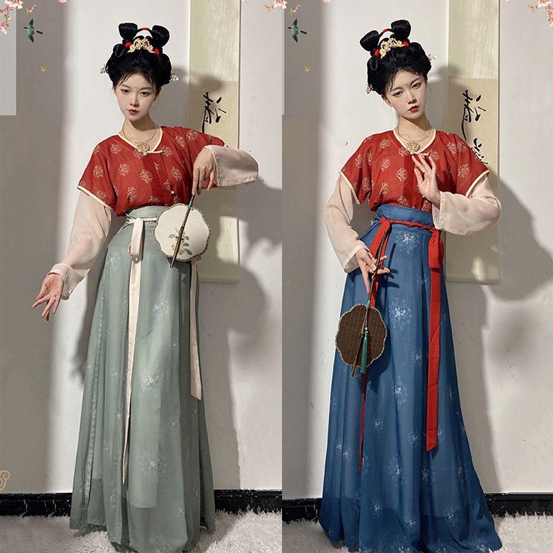 Китайский стиль династии Тан, традиционный ханьфу, повседневная рубашка с круглым вырезом и длинная юбка, женский комплект платьев