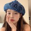 Women Painter Hat 3D Rose Decor Cowboy Artist Hat All Seasons Denim Cap