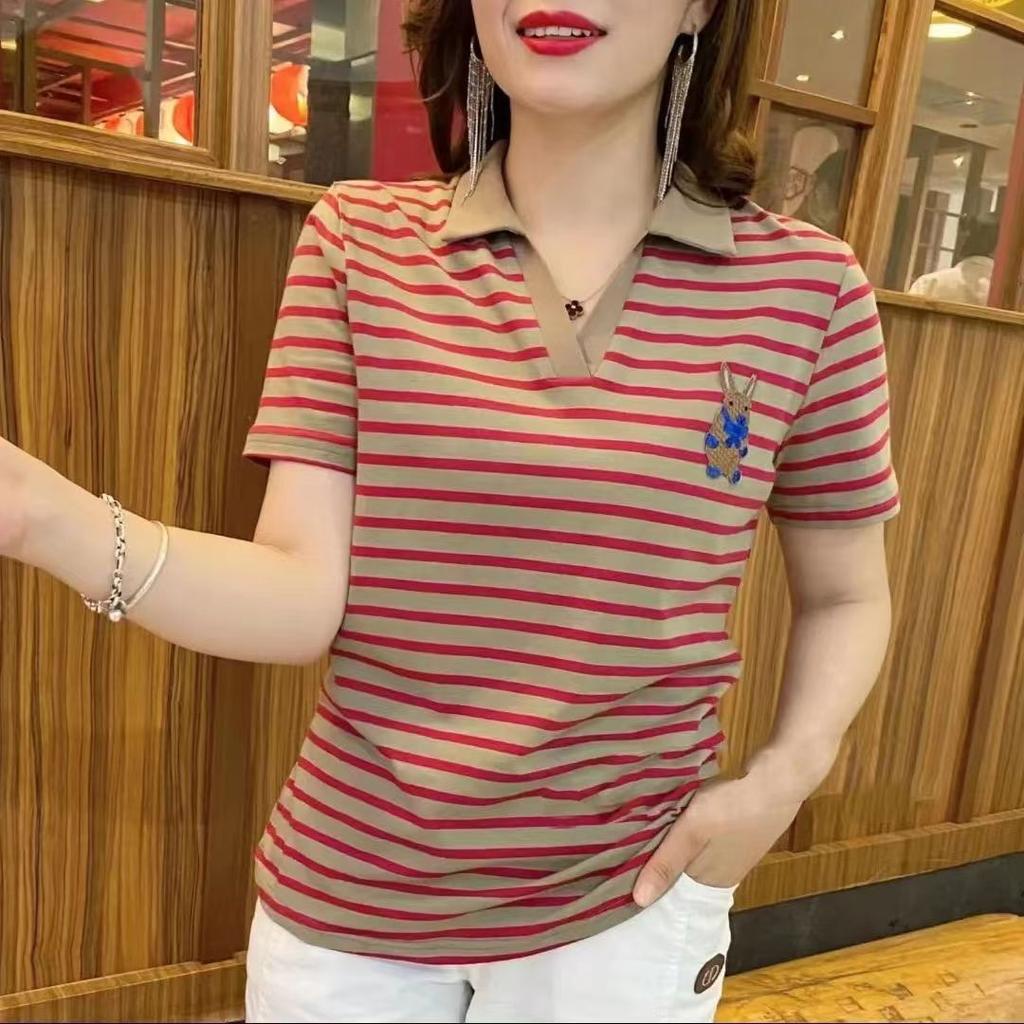 Summer Short Sleeve Women's V-neck T-shirt New Style Embroidery Elegant Fashion Casual Pullover Striped Cartoon Clothes Tops