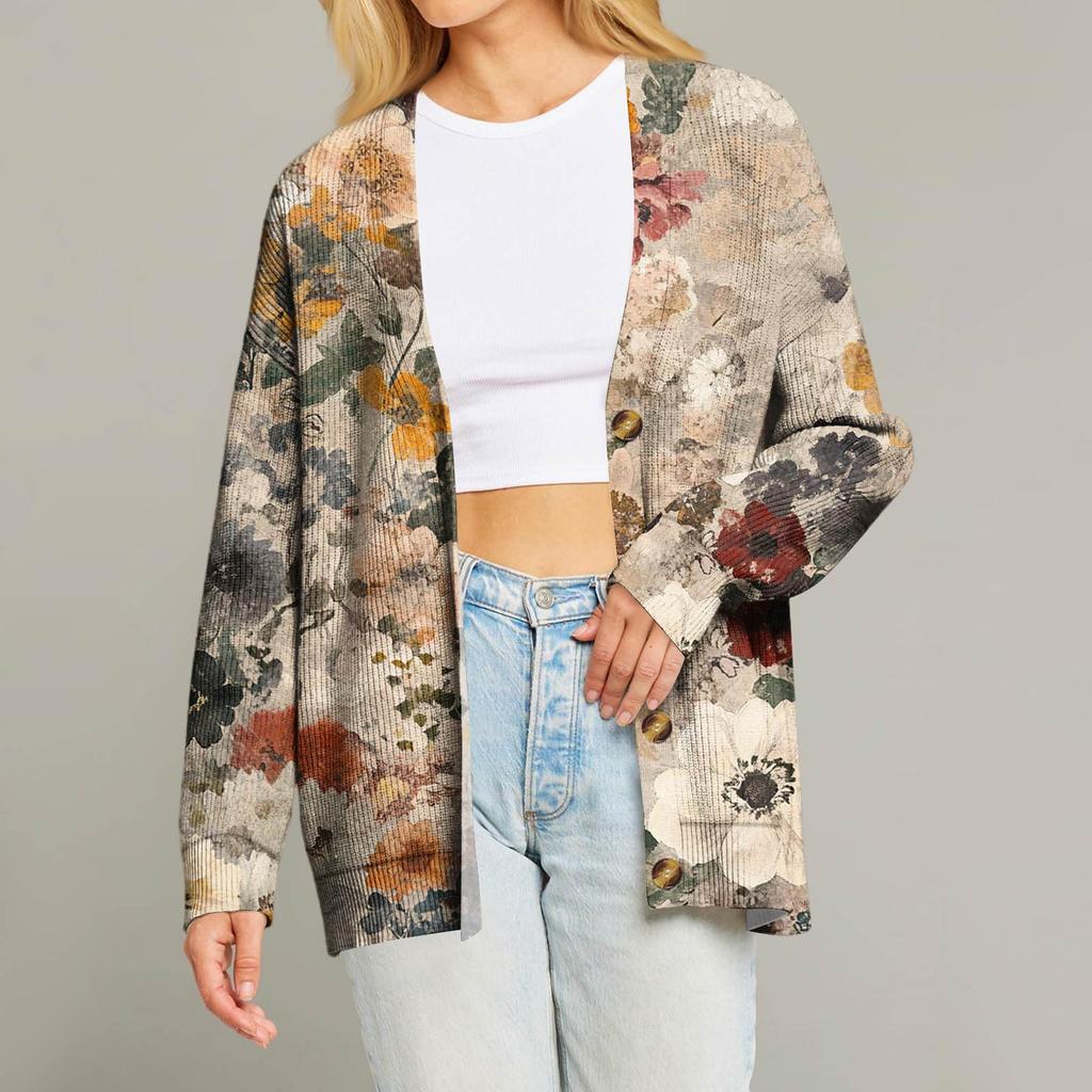 Женский модный кардиган с длинным рукавом, принтом, V-образным вырезом, на пуговицах, свободного кроя