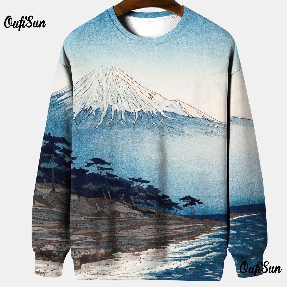Японская толстовка Ukiyoe для мужчин, футболка с длинным рукавом и круглым вырезом, свитер свободного покроя, весенняя одежда, тонкие повседневные мужские толстовки 2024