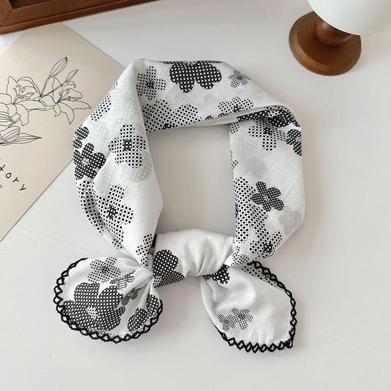 70% Cotton Linen Small Square Silk Scarf - Korean Style Floral Design for Versatile Neckwear and Decorative Use