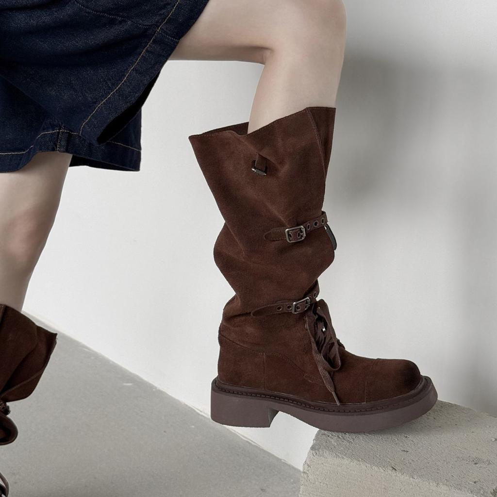 2025 новые ковбойские сапоги в западном стиле, ретро рыцарские сапоги, женские сапоги средней высоты, средний толстый каблук, толстая подошва, с мехом, длинные сапоги