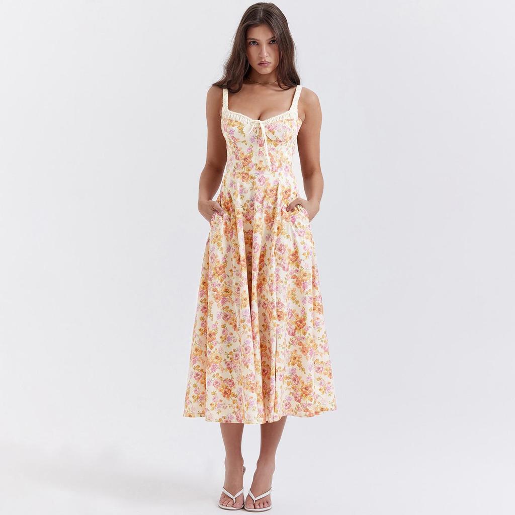 Женское платье длиной до щиколотки с открытой спиной и принтом на тонких бретельках с v-образным вырезом и высокой талией