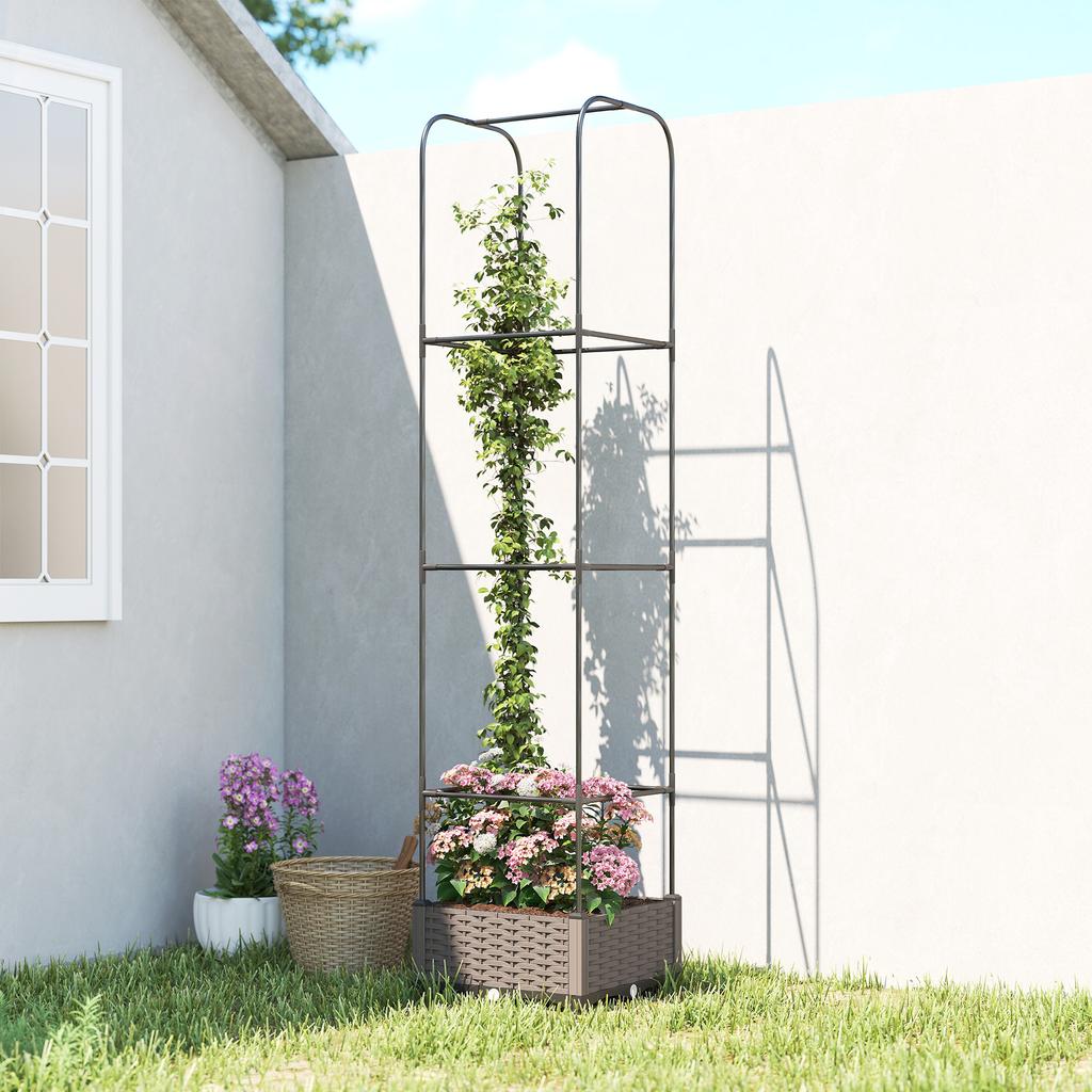 Raised Garden Bed with Trellis, Plastic Planter Box with Drainage Holes, Drain Plugs and Water Reservoirs