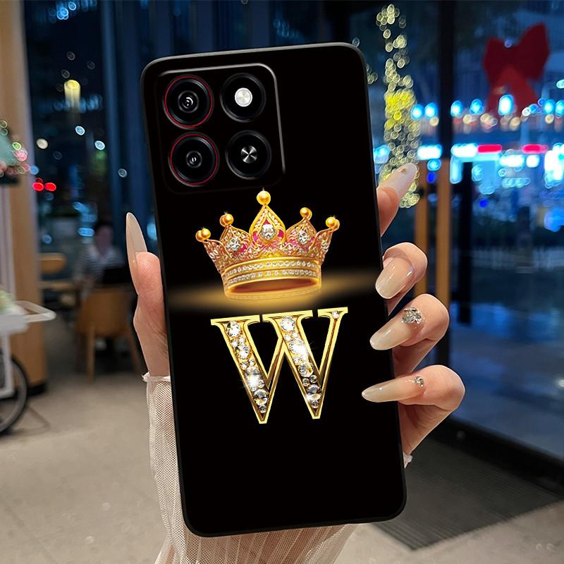 Cool Lucky A-Z Letter Phone Case For ZTE Blade A35/A55 Soft Silicone Black Case Shockproof Luxurious Glitter Crown Shell